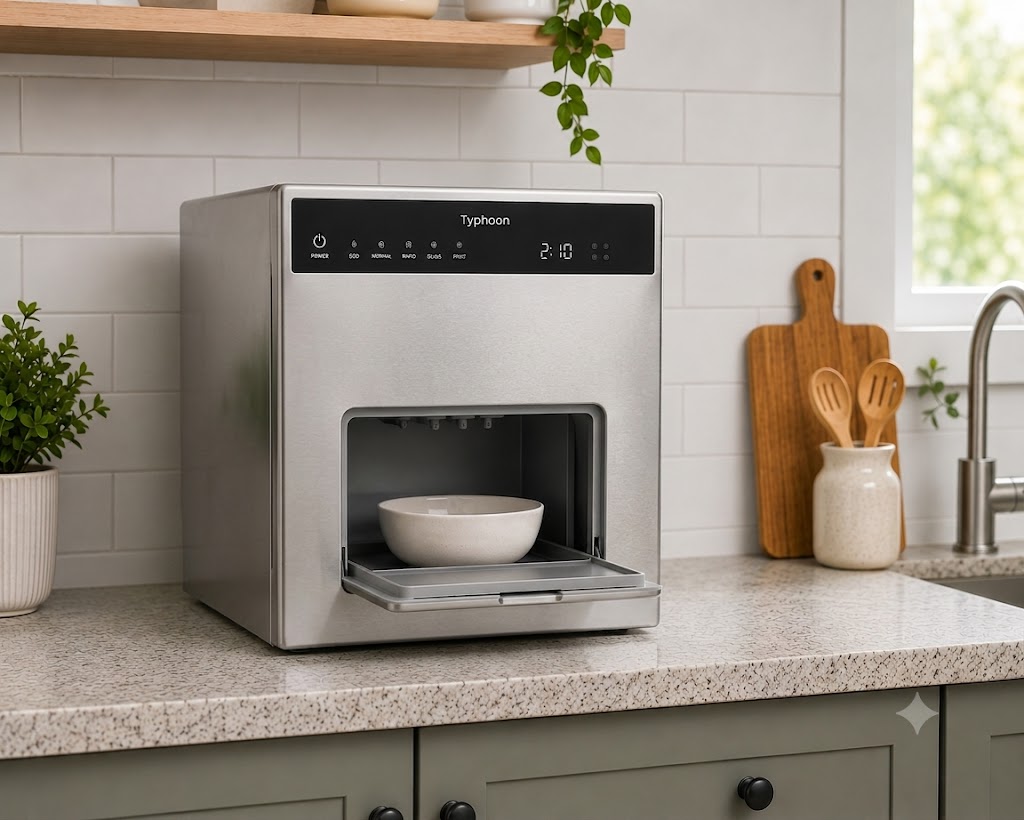Typhoon countertop dishwasher open with a bowl inside in a bright kitchen